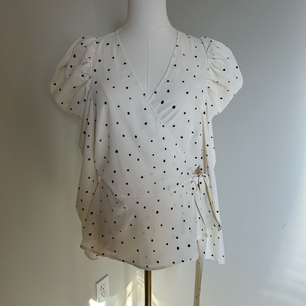 ASTR The Label White Polka Dot Wrap Peplum Blouse